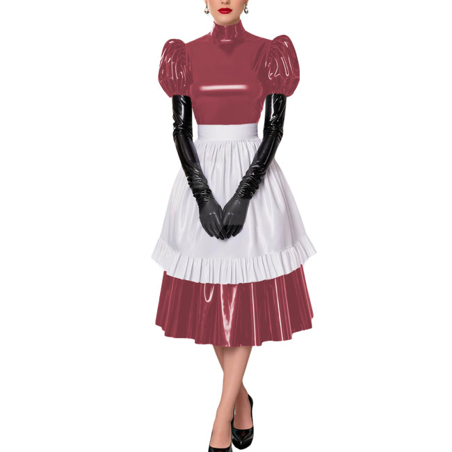 Fetish Cross-Dresser French Maid Uniforms Vinyl PVC Leather Maid Cosplay Costume Lolita Puff Short Sleeve Midi Maid Dress Outfit