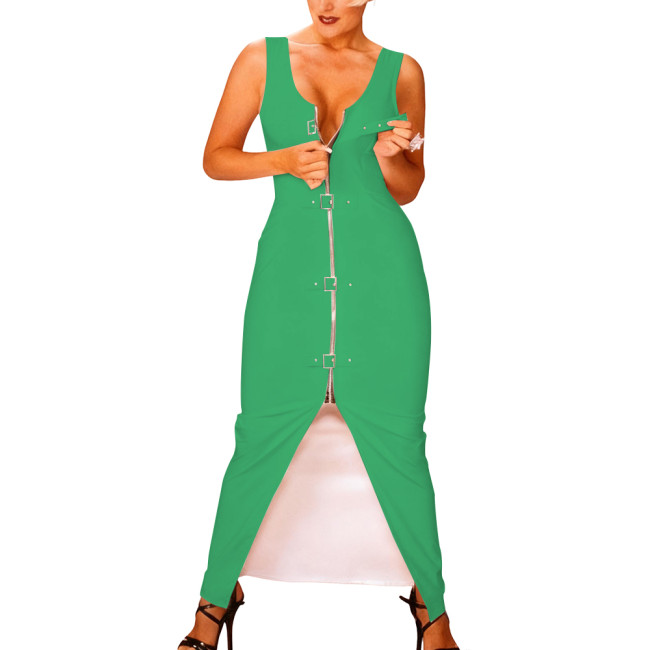 Women Zipper Front Shiny Bodycon Dress Rave Party Clubwear Sexy Sleeveless Vinyl PVC Leather Tank Dress Buckle Nightclub Dresses