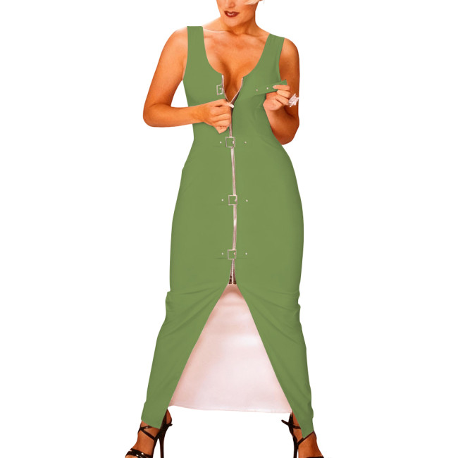 Women Zipper Front Shiny Bodycon Dress Rave Party Clubwear Sexy Sleeveless Vinyl PVC Leather Tank Dress Buckle Nightclub Dresses