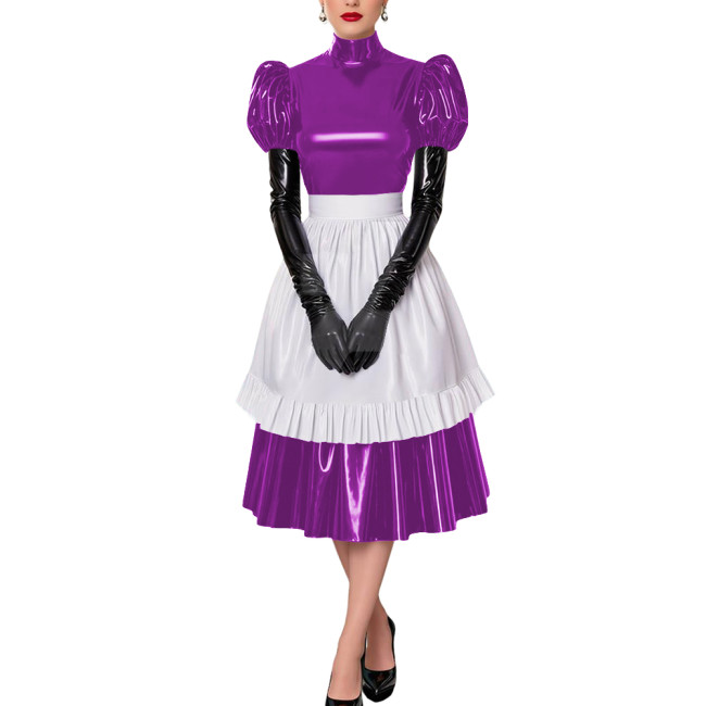 Fetish Cross-Dresser French Maid Uniforms Vinyl PVC Leather Maid Cosplay Costume Lolita Puff Short Sleeve Midi Maid Dress Outfit