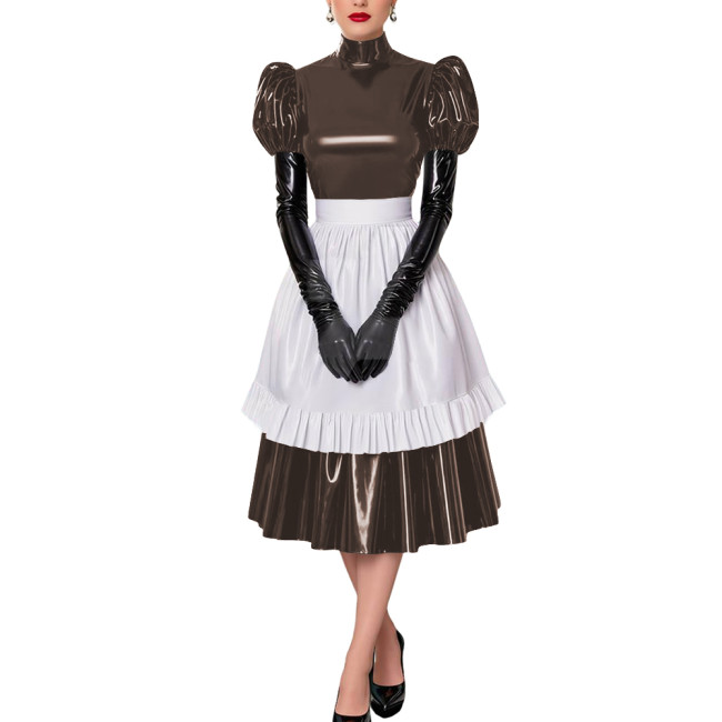 Fetish Cross-Dresser French Maid Uniforms Vinyl PVC Leather Maid Cosplay Costume Lolita Puff Short Sleeve Midi Maid Dress Outfit