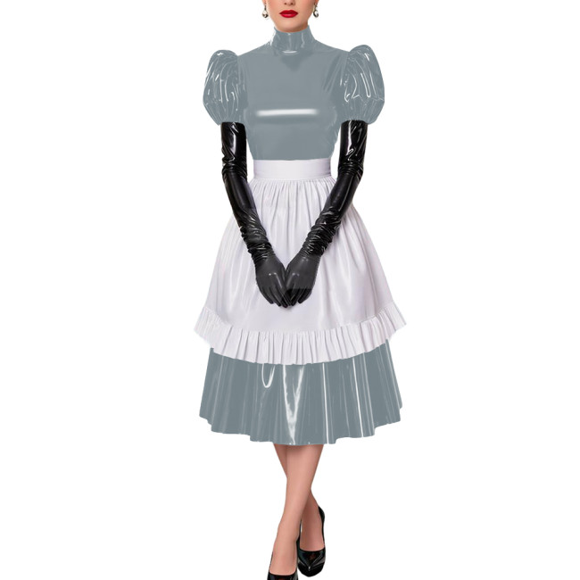 Fetish Cross-Dresser French Maid Uniforms Vinyl PVC Leather Maid Cosplay Costume Lolita Puff Short Sleeve Midi Maid Dress Outfit