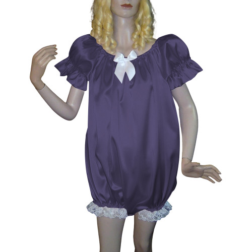 Soft Satin Adult Baby Sissy Rompers Bowtie Sleepwear Puff Short Sleeve Loose High Cut Jumpsuit Cross-dresser Cosplay Bodysuit