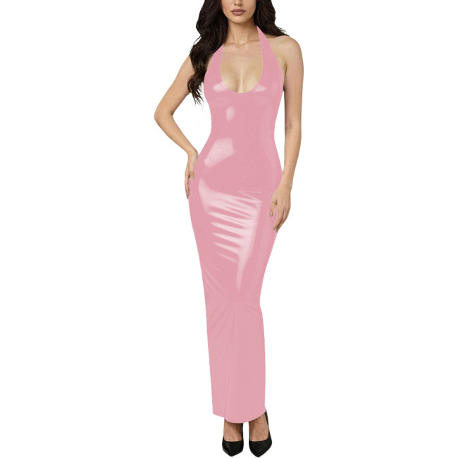 Lady Chic Sleeveless Halter Neck Long Dress Vinyl Off Shoulder PVC Leather Backless Slim Dress with Split Club Party Maxi Gowns