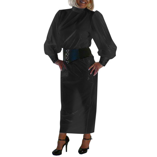 Sissy Elegant Plastic Clear PVC Top Dress Outfit High Neck Puff Long Sleeve Top with Button-up Back Pencil Skirts Sexy Clubwear