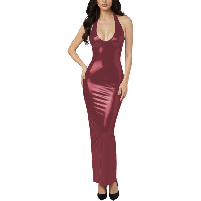 Lady Chic Sleeveless Halter Neck Long Dress Vinyl Off Shoulder PVC Leather Backless Slim Dress with Split Club Party Maxi Gowns