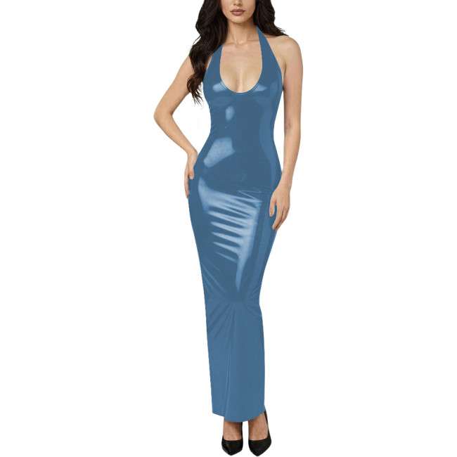 Lady Chic Sleeveless Halter Neck Long Dress Vinyl Off Shoulder PVC Leather Backless Slim Dress with Split Club Party Maxi Gowns