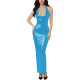 Lady Chic Sleeveless Halter Neck Long Dress Vinyl Off Shoulder PVC Leather Backless Slim Dress with Split Club Party Maxi Gowns