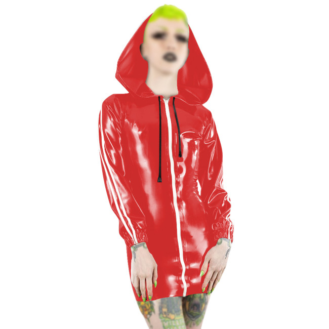 Plus Size Fashion Zipper Long Sleeve Mini Dress Women PVC Patent Leather Slim Short Dress Party Club Sexy Punk Hooded Dresses