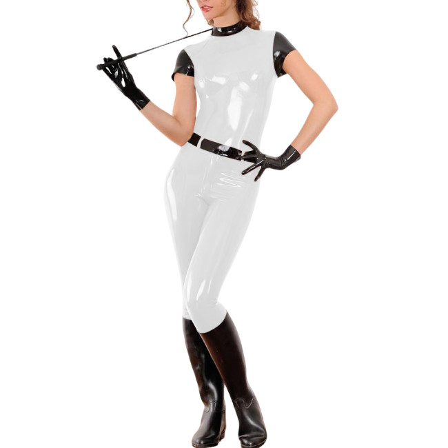 Women Shiny Patent Leather Pant Sets Patchwork Short Sleeve Slim Top with High Waist Tight Pencil Pant Club Outfits 2 Piece Set