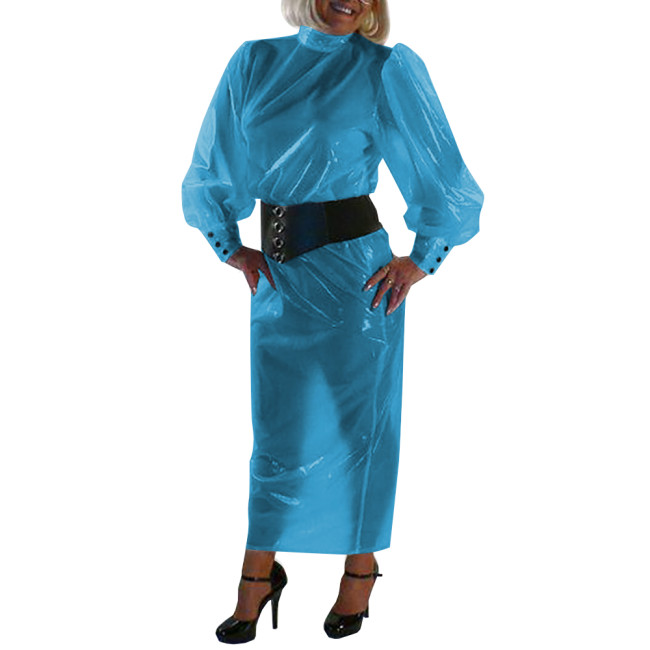 Sissy Elegant Plastic Clear PVC Top Dress Outfit High Neck Puff Long Sleeve Top with Button-up Back Pencil Skirts Sexy Clubwear