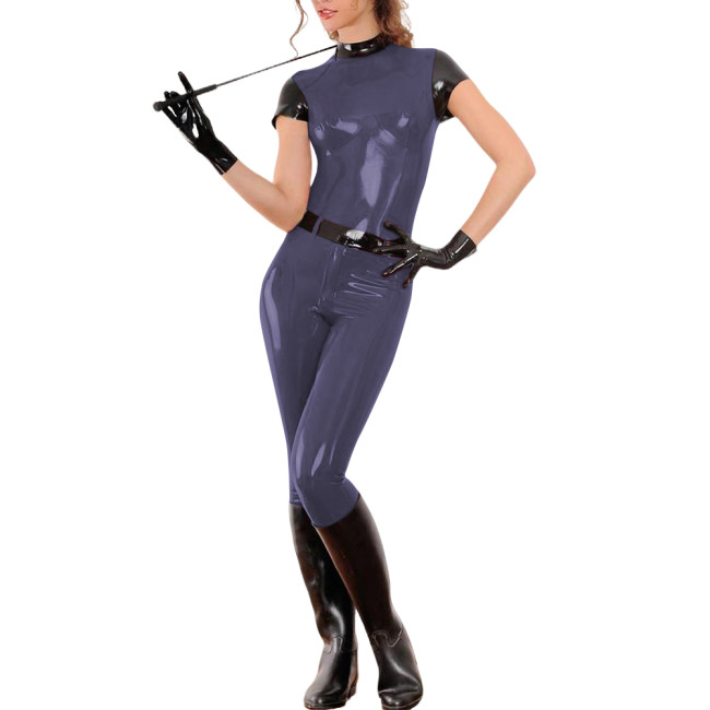 Women Shiny Patent Leather Pant Sets Patchwork Short Sleeve Slim Top with High Waist Tight Pencil Pant Club Outfits 2 Piece Set