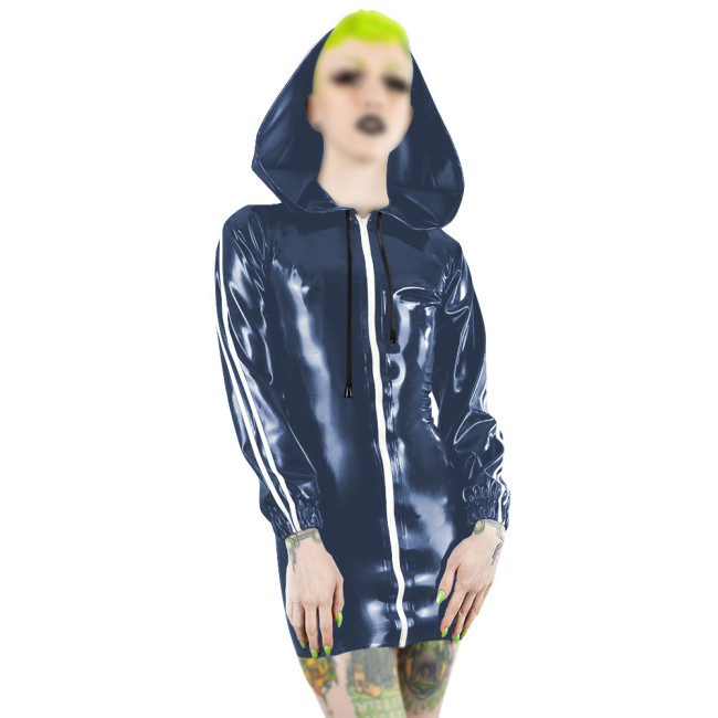 Plus Size Fashion Zipper Long Sleeve Mini Dress Women PVC Patent Leather Slim Short Dress Party Club Sexy Punk Hooded Dresses