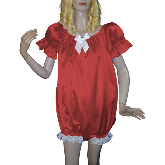 Soft Satin Adult Baby Sissy Rompers Bowtie Sleepwear Puff Short Sleeve Loose High Cut Jumpsuit Cross-dresser Cosplay Bodysuit