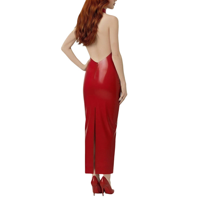 Lady Chic Sleeveless Halter Neck Long Dress Vinyl Off Shoulder PVC Leather Backless Slim Dress with Split Club Party Maxi Gowns
