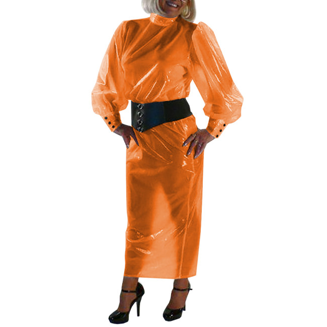 Sissy Elegant Plastic Clear PVC Top Dress Outfit High Neck Puff Long Sleeve Top with Button-up Back Pencil Skirts Sexy Clubwear