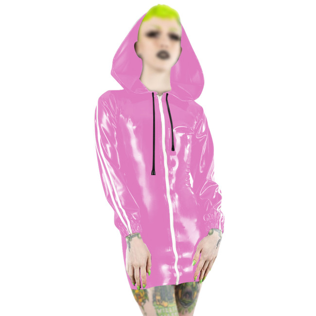Plus Size Fashion Zipper Long Sleeve Mini Dress Women PVC Patent Leather Slim Short Dress Party Club Sexy Punk Hooded Dresses