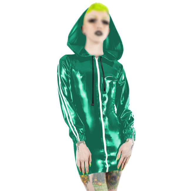 Plus Size Fashion Zipper Long Sleeve Mini Dress Women PVC Patent Leather Slim Short Dress Party Club Sexy Punk Hooded Dresses