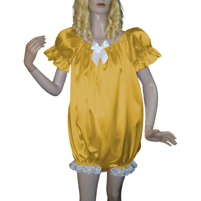 Soft Satin Adult Baby Sissy Rompers Bowtie Sleepwear Puff Short Sleeve Loose High Cut Jumpsuit Cross-dresser Cosplay Bodysuit