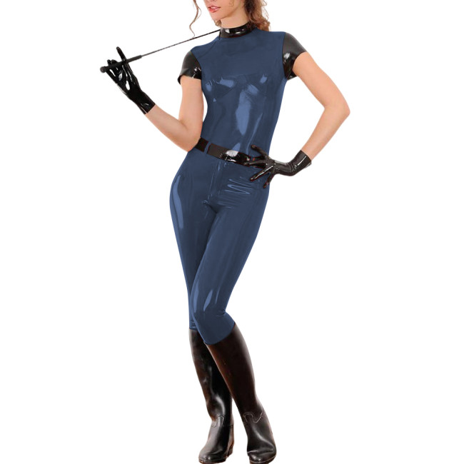 Women Shiny Patent Leather Pant Sets Patchwork Short Sleeve Slim Top with High Waist Tight Pencil Pant Club Outfits 2 Piece Set