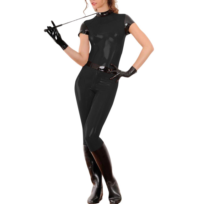 Women Shiny Patent Leather Pant Sets Patchwork Short Sleeve Slim Top with High Waist Tight Pencil Pant Club Outfits 2 Piece Set
