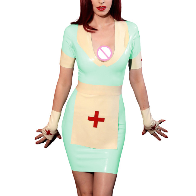 Role Play Nurse Dress Set Cross-dressering Party Wetlook Nurse Outfits Glossy PVC Leather Short Sleeve Slim Fit Dress with Apron