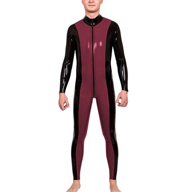Mens Zipper Open Crotch Patchwork Jumpsuit Latex-look PVC Leather Long Sleeve Club Catsuit Shiny Party Cosplay Rompers Zentai