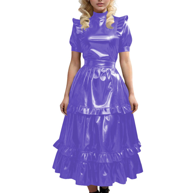 Gothic Shiny Leather PVC Long Dress with Ruffled Vintage Sweet Maid A-line Pleated Dress Sissy Cosplay Party Swing Cake Dresses