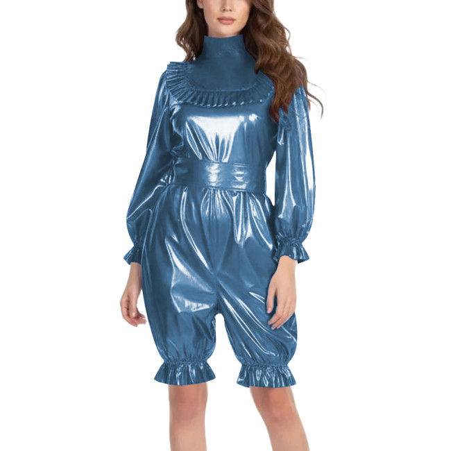 Ruffles High Neck Knee-length Rompsers for Role Play Costume Vinyl Long Sleeve PVC Belted Bodysuit Sissy Clubwear Lantern Pant