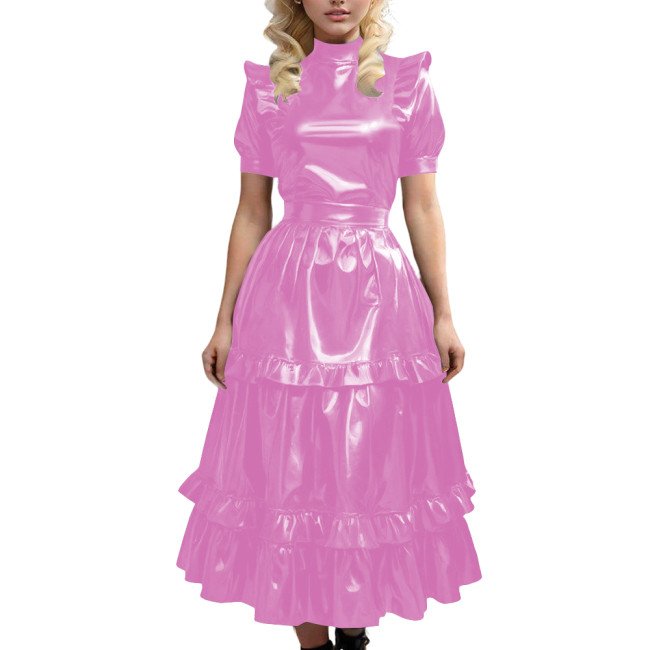 Gothic Shiny Leather PVC Long Dress with Ruffled Vintage Sweet Maid A-line Pleated Dress Sissy Cosplay Party Swing Cake Dresses
