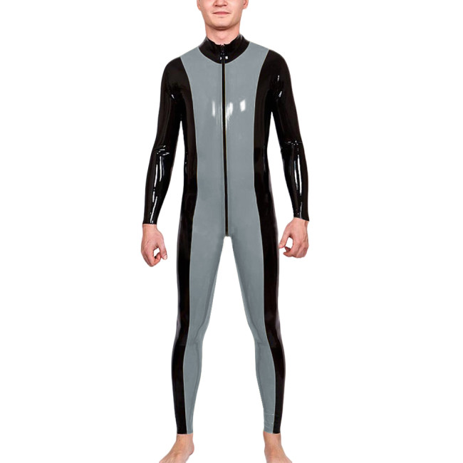 Mens Zipper Open Crotch Patchwork Jumpsuit Latex-look PVC Leather Long Sleeve Club Catsuit Shiny Party Cosplay Rompers Zentai