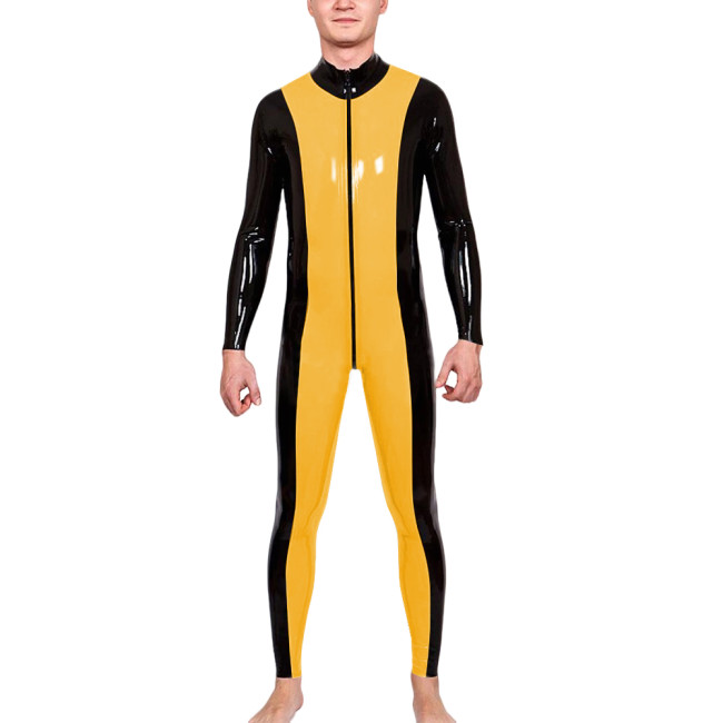 Mens Zipper Open Crotch Patchwork Jumpsuit Latex-look PVC Leather Long Sleeve Club Catsuit Shiny Party Cosplay Rompers Zentai