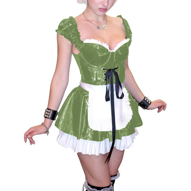 Womens Sexy French Maid Pleated Dress with Apron Party Cosplay Servant Lolita Dressses Glossy PVC Leather Novelty Maid Uniforms