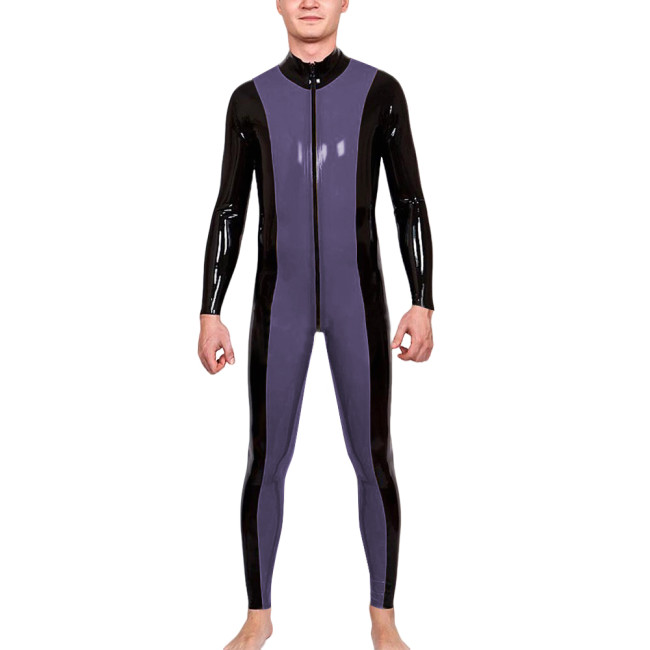 Mens Zipper Open Crotch Patchwork Jumpsuit Latex-look PVC Leather Long Sleeve Club Catsuit Shiny Party Cosplay Rompers Zentai