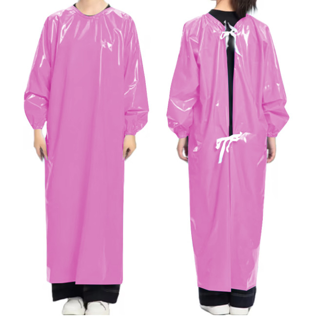 Vinyl PVC Leather Doctor Nurse Apron Dress Party Cosplay Uniforms Long Sleeve Solid Color O-neck Long Dress with Lace-up Back