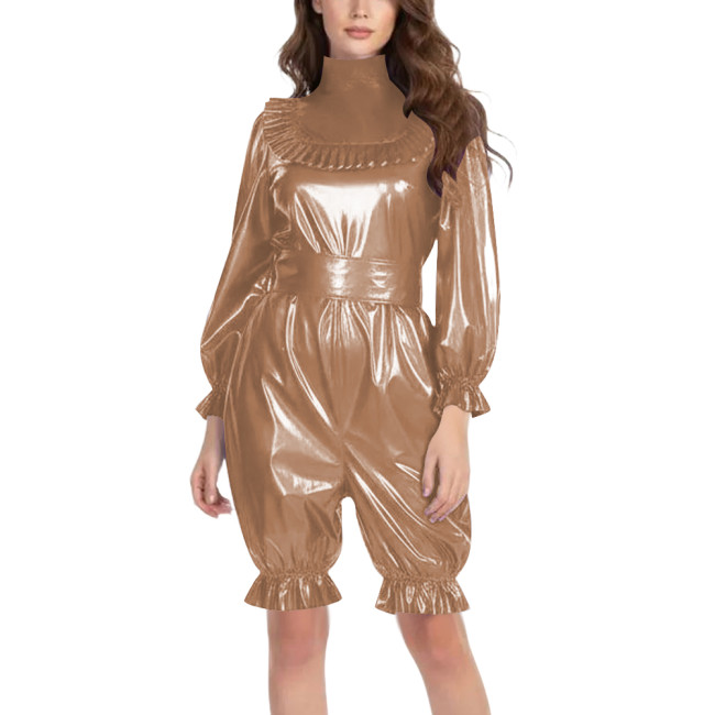 Ruffles High Neck Knee-length Rompsers for Role Play Costume Vinyl Long Sleeve PVC Belted Bodysuit Sissy Clubwear Lantern Pant