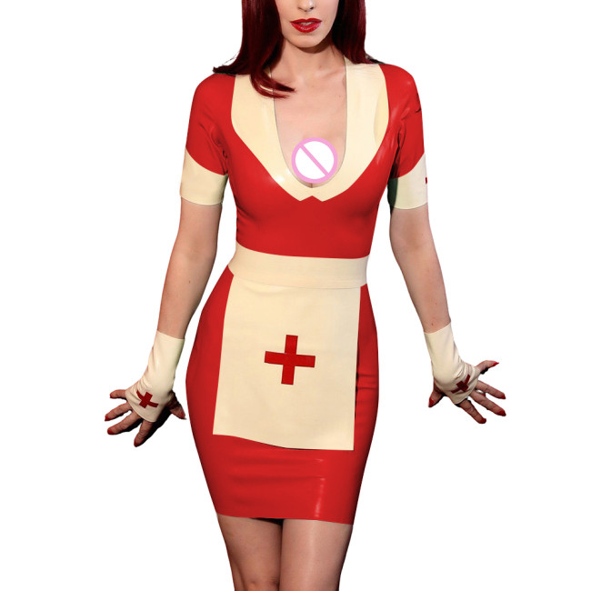 Role Play Nurse Dress Set Cross-dressering Party Wetlook Nurse Outfits Glossy PVC Leather Short Sleeve Slim Fit Dress with Apron