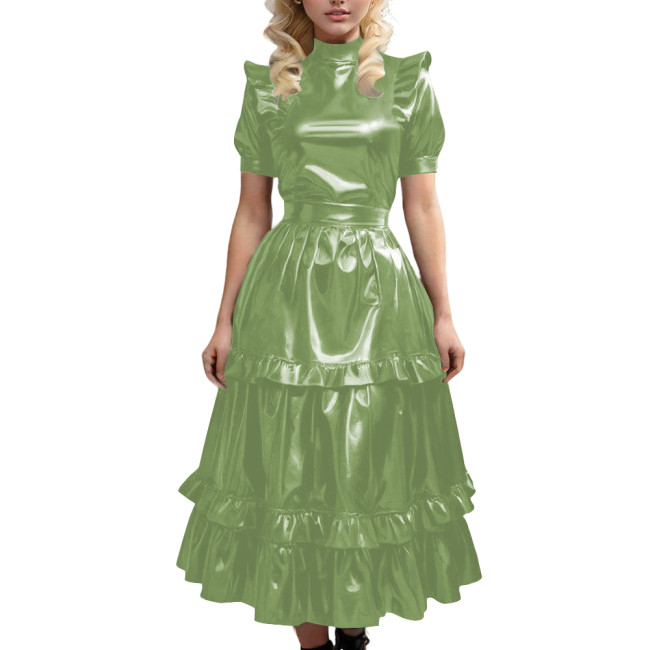 Gothic Shiny Leather PVC Long Dress with Ruffled Vintage Sweet Maid A-line Pleated Dress Sissy Cosplay Party Swing Cake Dresses