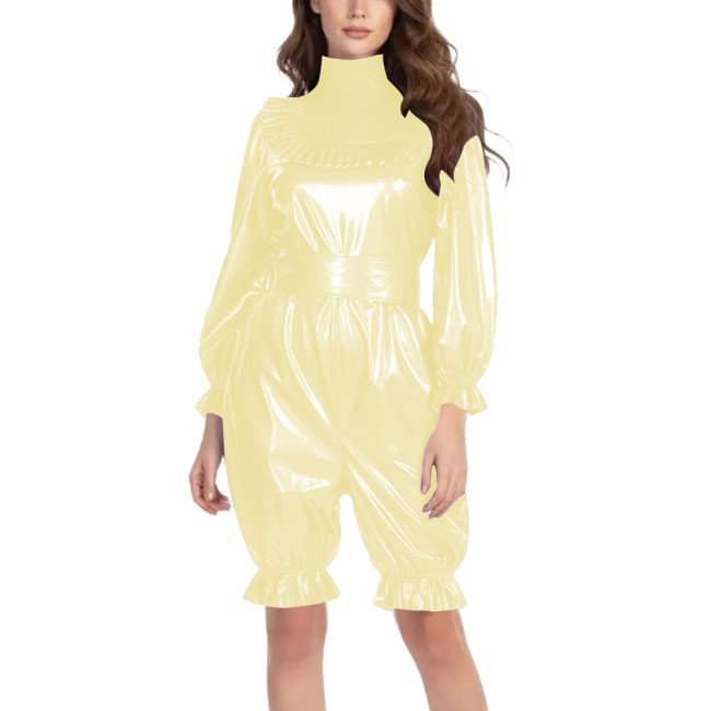 Ruffles High Neck Knee-length Rompsers for Role Play Costume Vinyl Long Sleeve PVC Belted Bodysuit Sissy Clubwear Lantern Pant