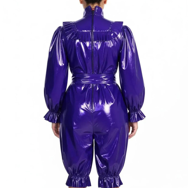 Ruffles High Neck Knee-length Rompsers for Role Play Costume Vinyl Long Sleeve PVC Belted Bodysuit Sissy Clubwear Lantern Pant