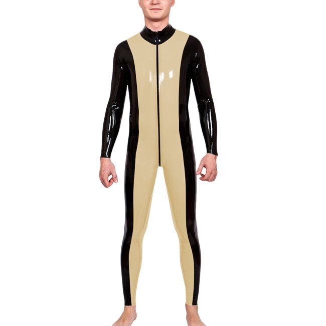 Mens Zipper Open Crotch Patchwork Jumpsuit Latex-look PVC Leather Long Sleeve Club Catsuit Shiny Party Cosplay Rompers Zentai
