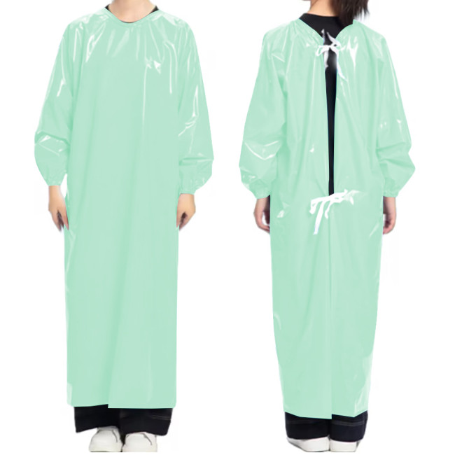 Vinyl PVC Leather Doctor Nurse Apron Dress Party Cosplay Uniforms Long Sleeve Solid Color O-neck Long Dress with Lace-up Back