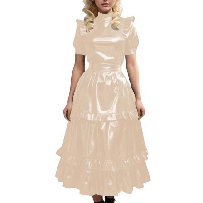 Gothic Shiny Leather PVC Long Dress with Ruffled Vintage Sweet Maid A-line Pleated Dress Sissy Cosplay Party Swing Cake Dresses