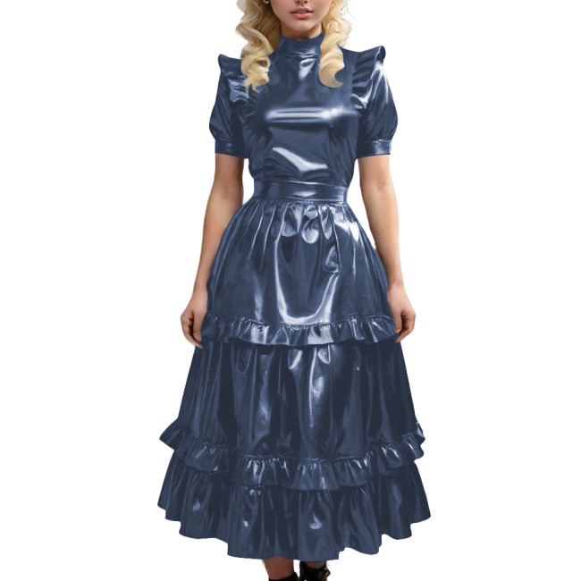 Gothic Shiny Leather PVC Long Dress with Ruffled Vintage Sweet Maid A-line Pleated Dress Sissy Cosplay Party Swing Cake Dresses