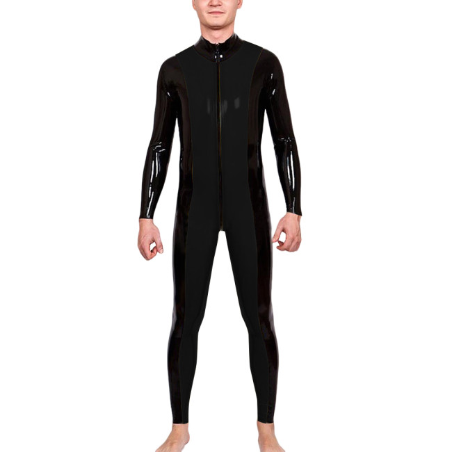 Mens Zipper Open Crotch Patchwork Jumpsuit Latex-look PVC Leather Long Sleeve Club Catsuit Shiny Party Cosplay Rompers Zentai