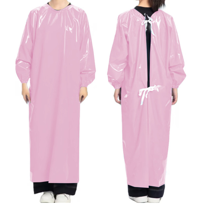 Vinyl PVC Leather Doctor Nurse Apron Dress Party Cosplay Uniforms Long Sleeve Solid Color O-neck Long Dress with Lace-up Back