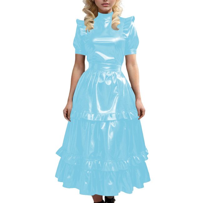 Gothic Shiny Leather PVC Long Dress with Ruffled Vintage Sweet Maid A-line Pleated Dress Sissy Cosplay Party Swing Cake Dresses
