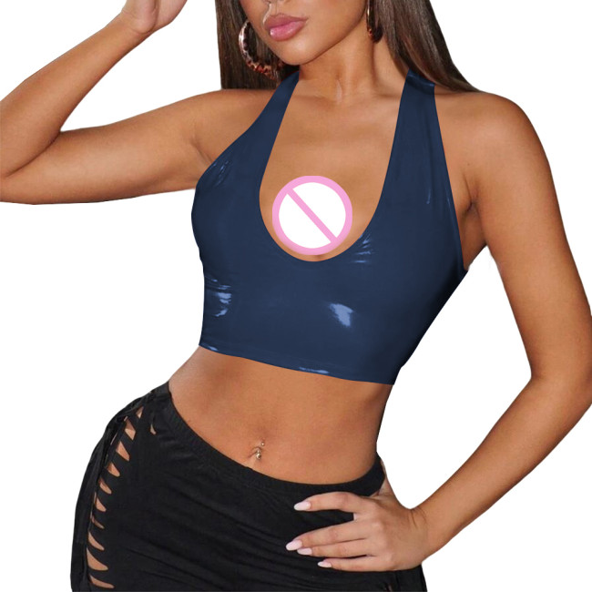 Fashion Streetwear Solid V-neck Short Tops Sexy Vinyl PVC Leather Backless Halter Crop Top for Party Club Sleeveless Tank Top