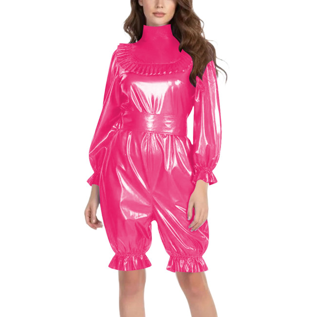 Ruffles High Neck Knee-length Rompsers for Role Play Costume Vinyl Long Sleeve PVC Belted Bodysuit Sissy Clubwear Lantern Pant