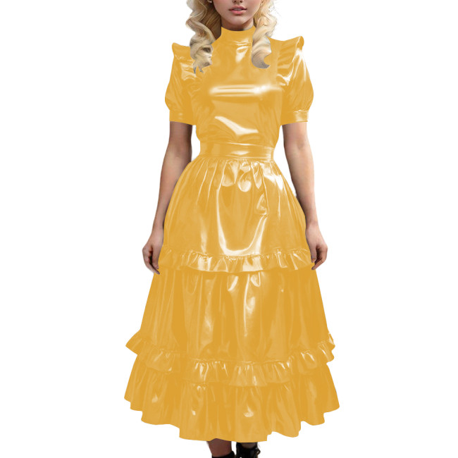 Gothic Shiny Leather PVC Long Dress with Ruffled Vintage Sweet Maid A-line Pleated Dress Sissy Cosplay Party Swing Cake Dresses